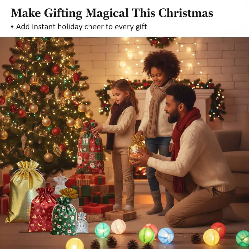 Reusable Christmas Drawstring Gift Bags Set - Assorted Sizes (Small/Medium/Large/Extra Large), Foil Wrapping Sacks with 18 Assorted Santa/Elk/Snowman Designs, Ribbon Included, Bulk Holiday Goody Pouches for Xmas Presents, Party Favors & Boys & Girls