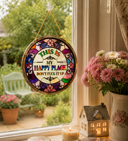 Stained Glass-Style Happy Place Hanging Suncatcher | Sunlight-Catching Quote Decor for Windows, Porches, Patios & Gifts ✨
