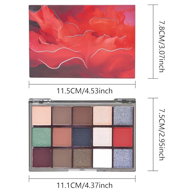 Smokey Red Eye Shadow Makeup Palette,15 Colors Gray Silver Brown Dark Shimmer Matte Makeup Pallet,Long Lasting Waterproof for Daily and Halloween,Vegan,Cruelty -free