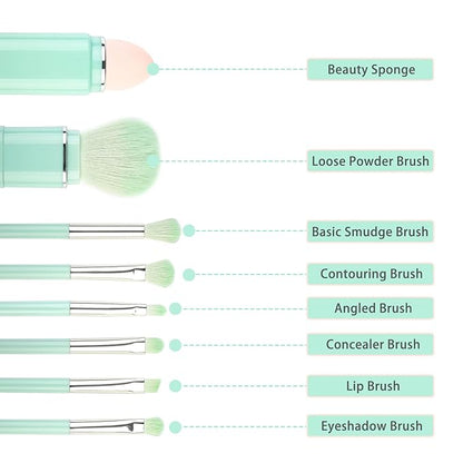 Portable Retractable Makeup Brushes Set 8 in 1 Travel Beauty Sponge All in One Make Up Brushes Set Angled Brush, Lip Brush, Eyeshadow Brush, Foundation Blending Powder Brush (Green)