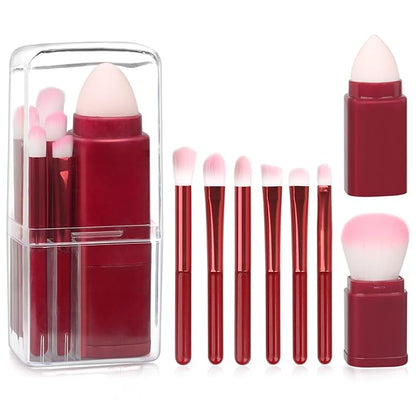 Portable Retractable Makeup Brushes Set 8 in 1 Travel Beauty Sponge All in One Make Up Brushes Set Angled Brush, Lip Brush, Eyeshadow Brush, Foundation Blending Powder Brush (Red)