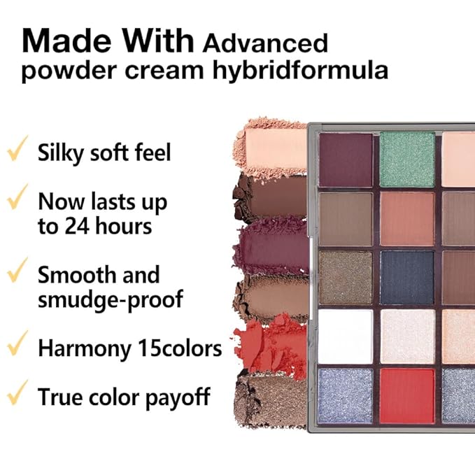 Smokey Red Eye Shadow Makeup Palette,15 Colors Gray Silver Brown Dark Shimmer Matte Makeup Pallet,Long Lasting Waterproof for Daily and Halloween,Vegan,Cruelty -free