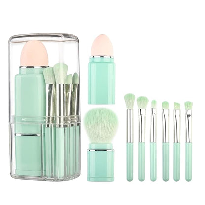 Portable Retractable Makeup Brushes Set 8 in 1 Travel Beauty Sponge All in One Make Up Brushes Set Angled Brush, Lip Brush, Eyeshadow Brush, Foundation Blending Powder Brush (Green)
