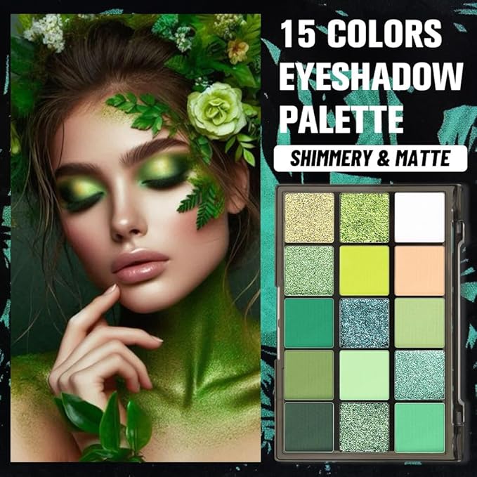 Smokey Green Eye Shadow Makeup Palette,15 Colors Bright Forest Emerald Dark Green Shimmer Matte Makeup Pallet,Long Lasting Waterproof for Daily and Halloween