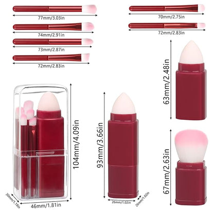 Portable Retractable Makeup Brushes Set 8 in 1 Travel Beauty Sponge All in One Make Up Brushes Set Angled Brush, Lip Brush, Eyeshadow Brush, Foundation Blending Powder Brush (Red)