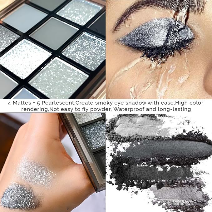 Black Smoky Eye shadow Palette, 15 Colors Black Dark Grey Smokey Goth Eyeshadow Pallet, Matte High Pigmented Basic White Gray Eyeshadow For Woman