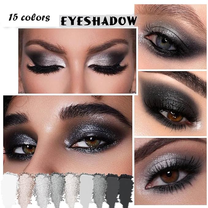 Black Smoky Eye shadow Palette, 15 Colors Black Dark Grey Smokey Goth Eyeshadow Pallet, Matte High Pigmented Basic White Gray Eyeshadow For Woman