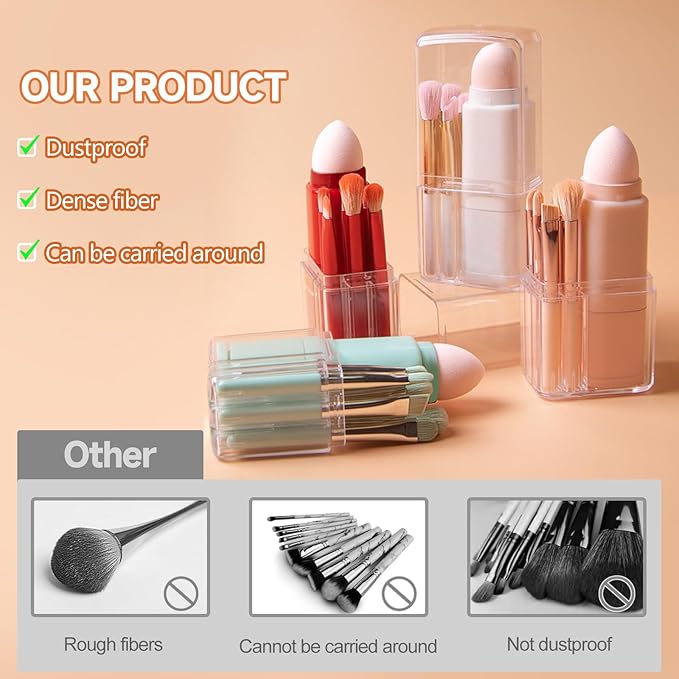 Portable Retractable Makeup Brushes Set 8 in 1 Travel Beauty Sponge All in One Make Up Brushes Set Angled Brush, Lip Brush, Eyeshadow Brush, Foundation Blending Powder Brush (Red)