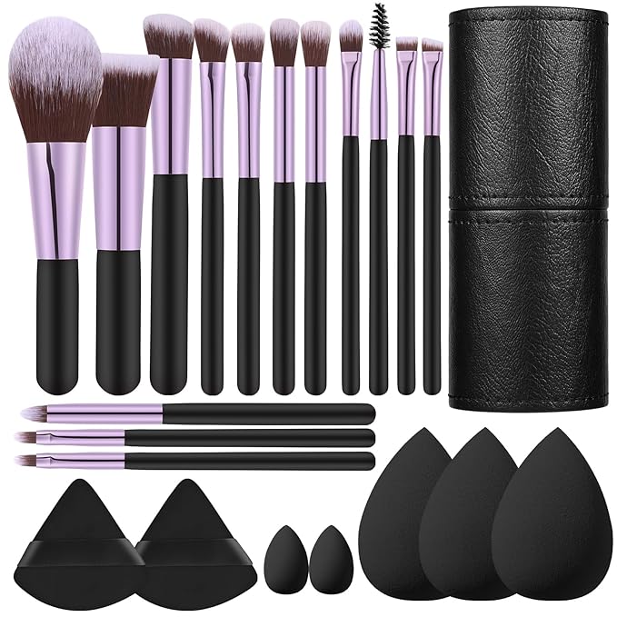 14 Pcs Travel Makeup Brush Set Portable Mini Makeup Brushes Make up Brush with Case,5 Pcs Makeup Sponge Mother's Day Gift for Foundation Powder Concealers Eye Shadows(Black)