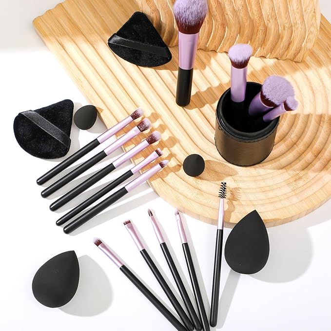 14 Pcs Travel Makeup Brush Set Portable Mini Makeup Brushes Make up Brush with Case,5 Pcs Makeup Sponge Mother's Day Gift for Foundation Powder Concealers Eye Shadows(Black)