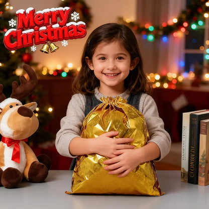 Reusable Christmas Drawstring Gift Bags Set - Assorted Sizes (Small/Medium/Large/Extra Large), Foil Wrapping Sacks with 18 Assorted Santa/Elk/Snowman Designs, Ribbon Included, Bulk Holiday Goody Pouches for Xmas Presents, Party Favors & Boys & Girls