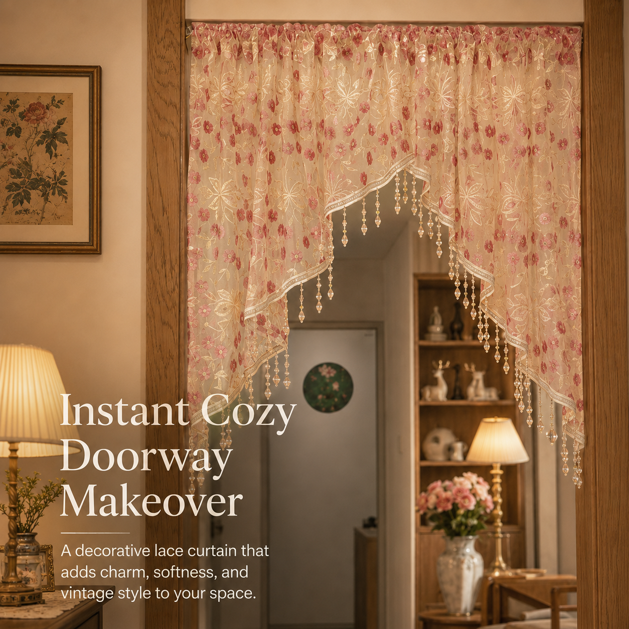Embroidered Lace Doorway Curtain – Romantic Floral Beaded Sheer Panels