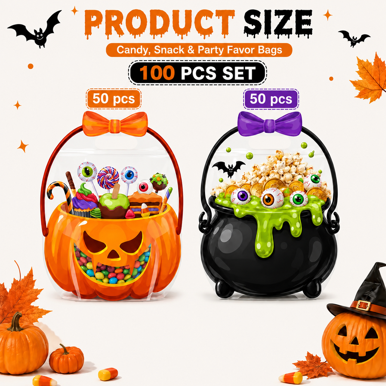 🎃50 Pcs Halloween Goodie Bags Plastic Candy Bag